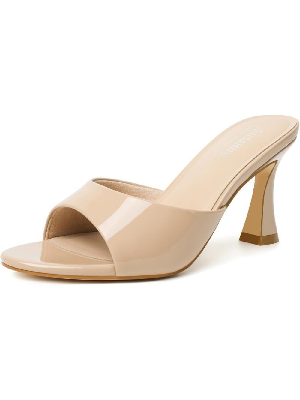 Women Beige Mule Pointed Open Toe Strappy Chunky Block Stiletto High Heels Shoes